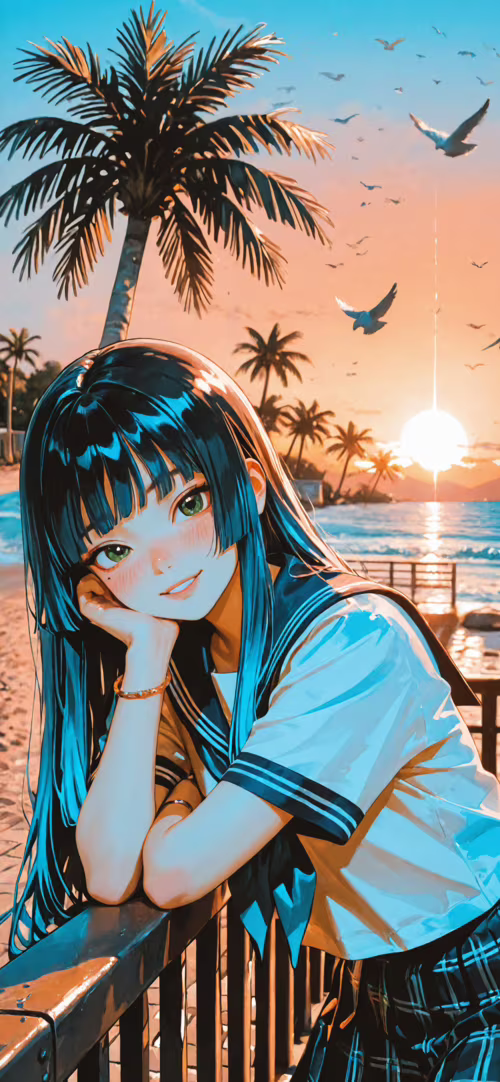 Uma rapariga com um estilo de anime, com longos cabelos azuis e olhos verdes, vestida... Huawei Nova 8 Pro