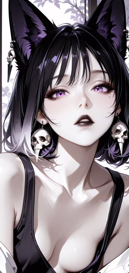 Uma ilustração em estilo anime de uma rapariga com orelhas de raposa pretas, olhos... Asus Zenfone Max M2