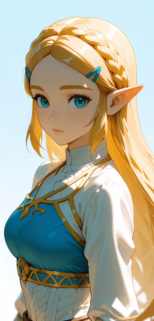Uma ilustração no estilo anime da Princesa Zelda, da série The Legend of Zelda. Ela...