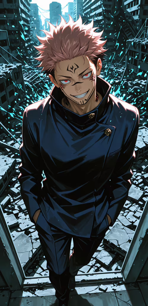 Ryomen Sukuna, de Jujutsu Kaisen, em pé numa cidade destruída, com um sorriso ameaçador,... Samsung Galaxy J4 Core