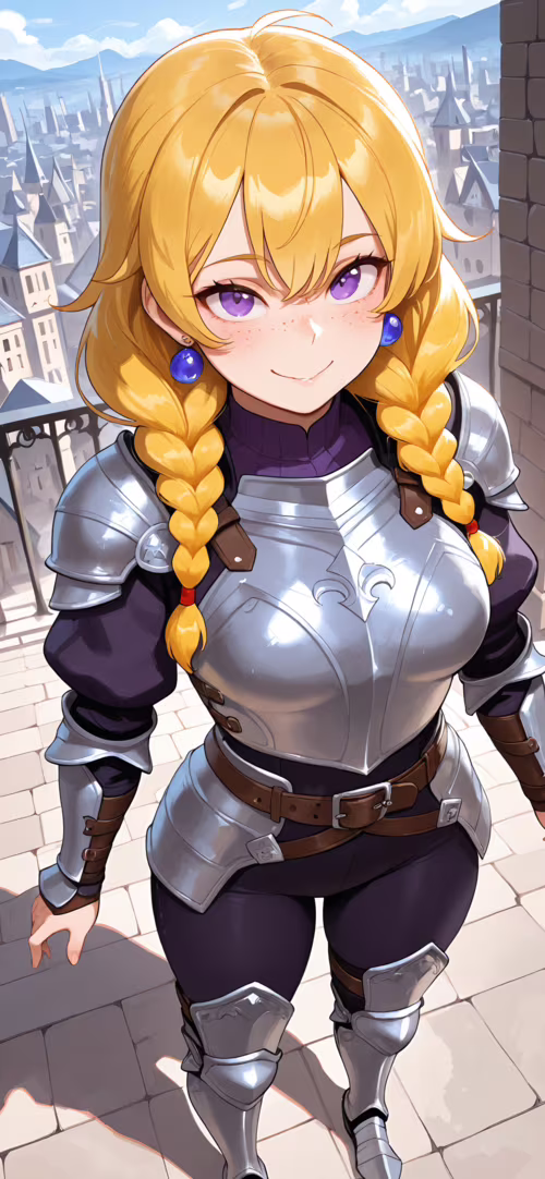 Uma jovem cavaleira, de cabelos loiros trançados e olhos roxos, vestida com uma armadura... Huawei Nova 8 Pro