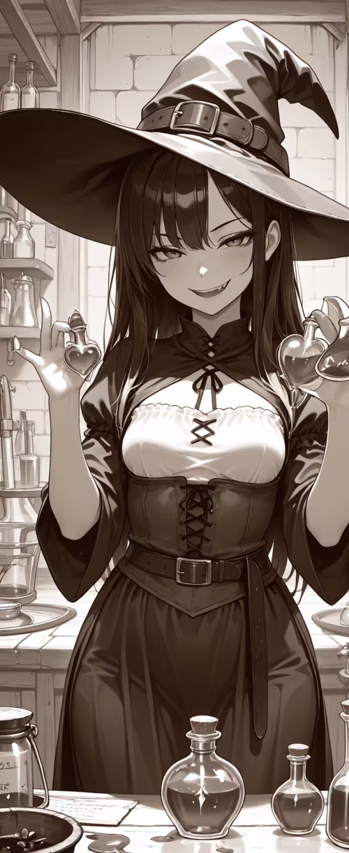 Uma ilustração em tons de sépia de uma bruxa no estilo anime, com longos cabelos... Tecno Phantom V Flip2