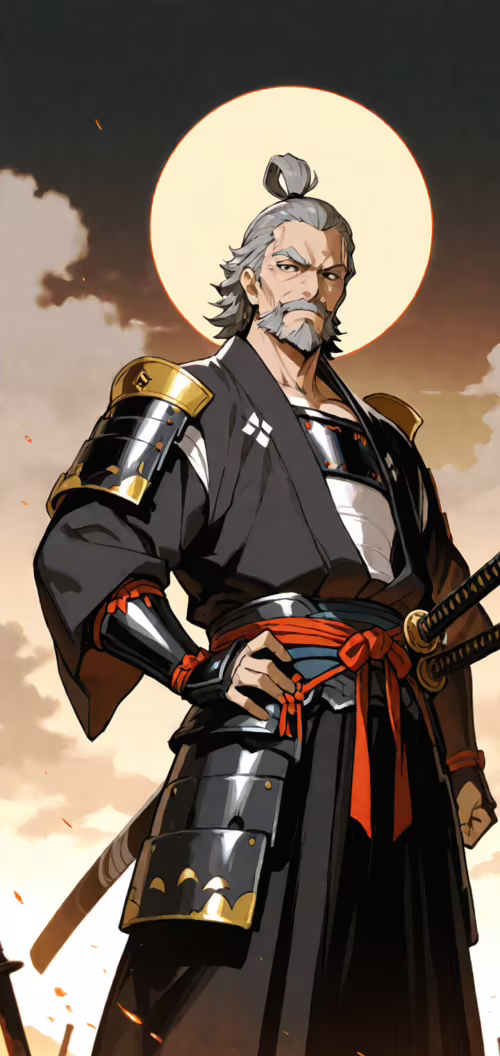 Uma ilustração em estilo anime de um samurai idoso e musculoso, com cabelos e barba... Asus Zenfone Max M2