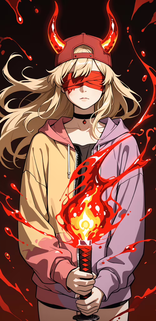 Uma personagem de anime, uma rapariga de longos cabelos loiros, com um boné vermelho...