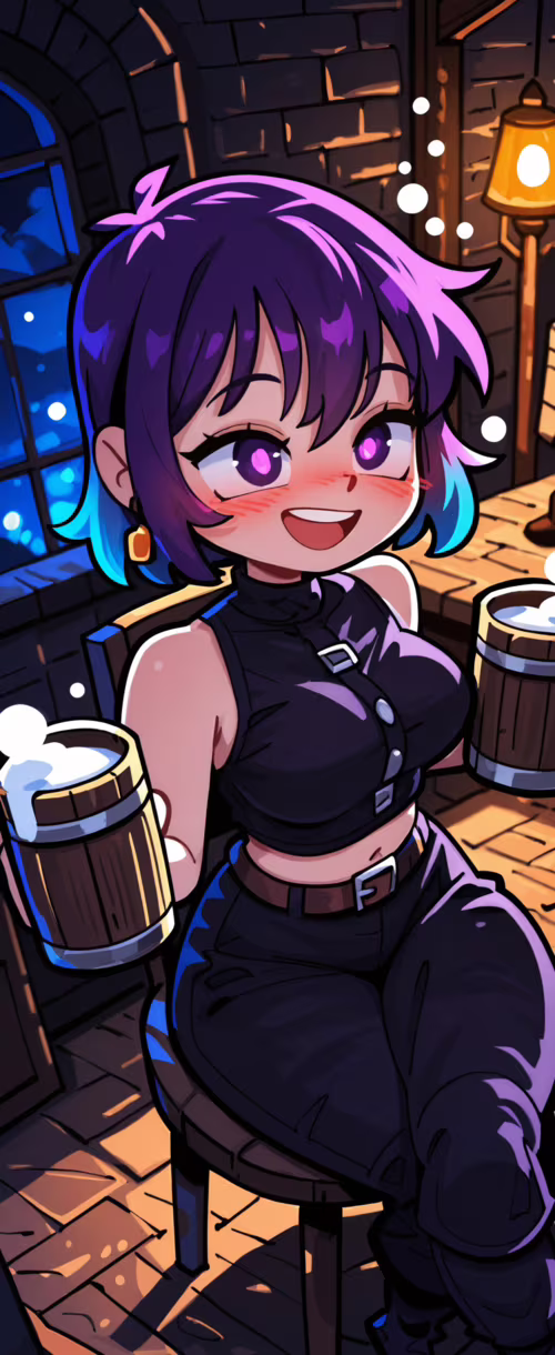 Uma ilustração em estilo anime de uma menina com cabelo curto, roxo e azul, sorrindo... Samsung Galaxy Z Flip