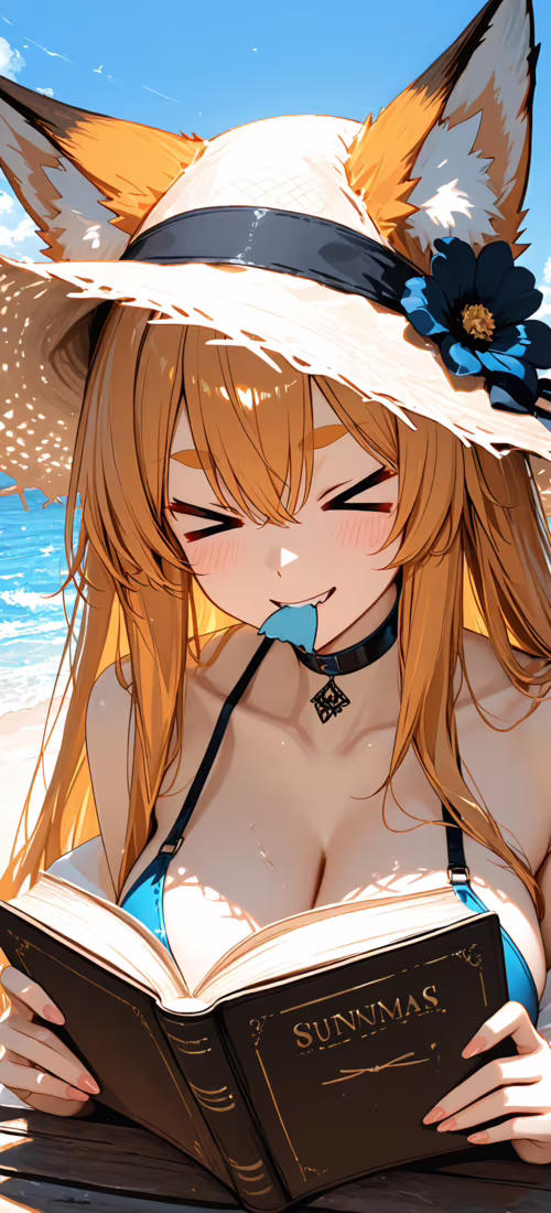 Uma raposa-garota de anime, com cabelos pretos e um chapéu de palha, sorri de olhos... Huawei Nova 8i