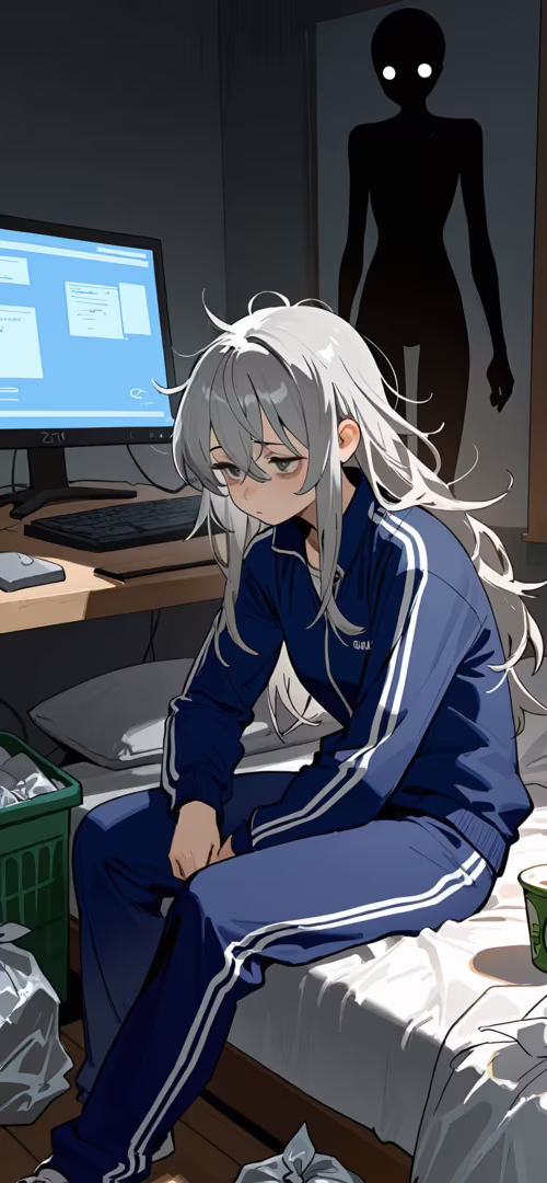 Uma ilustração em estilo anime de uma rapariga com longos cabelos prateados e desalinhados... Oppo Reno 10x Zoom