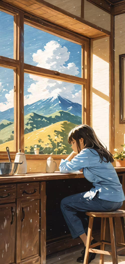 Uma ilustração em estilo anime de uma jovem com cabelo curto e escuro, sentada a...