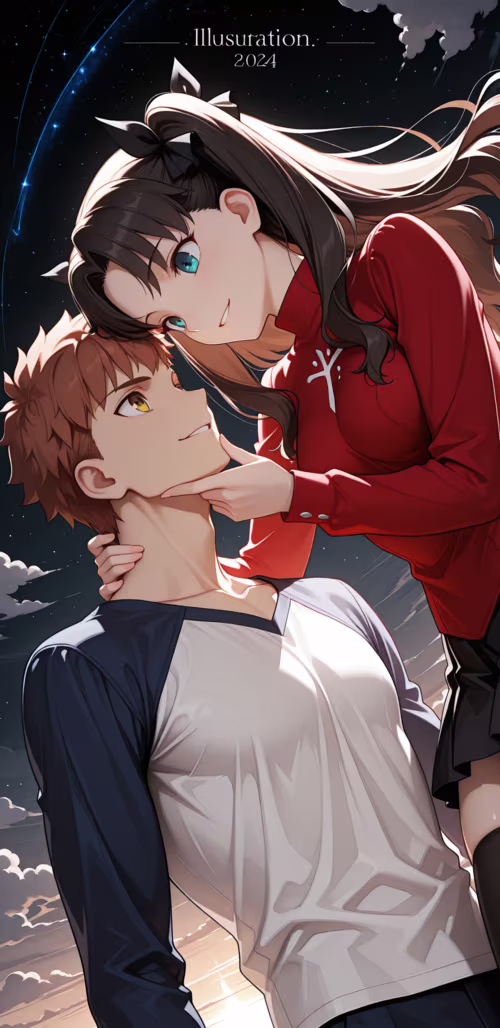 Uma ilustração em estilo anime de Tohsaka Rin e Emiya Shirou, de Fate/stay night,...