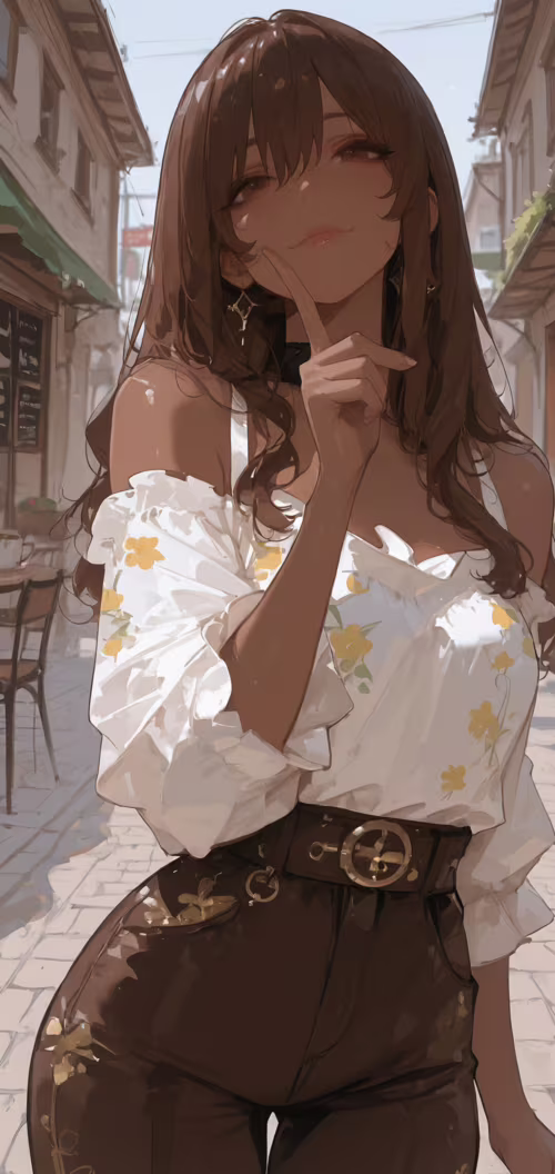 Uma ilustração em estilo anime de uma jovem com longos cabelos castanhos e pele morena,... Asus Zenfone Max M2