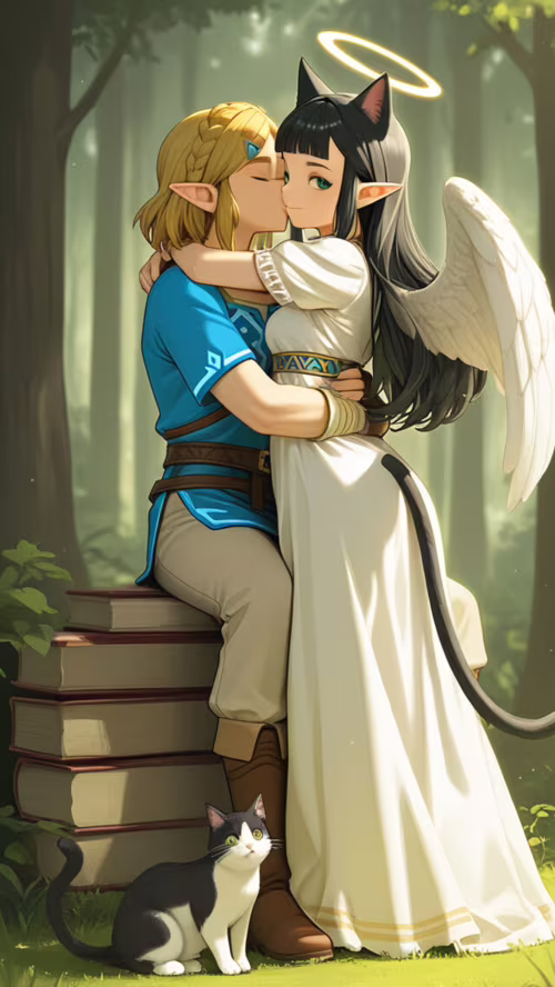 Uma ilustração no estilo anime da Princesa Zelda, com asas de anjo e um halo, abraçando... Alcatel U5