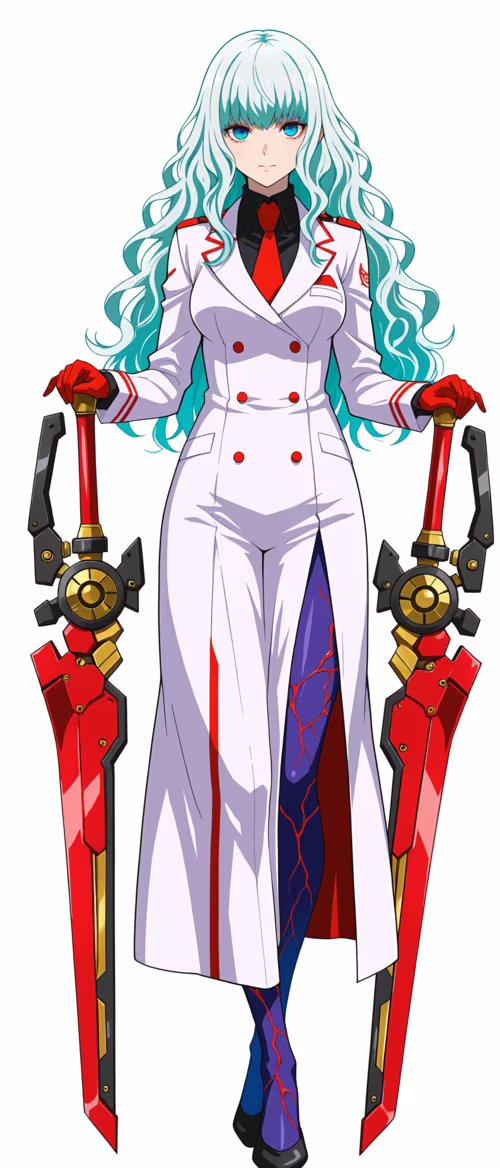 Uma ilustração de corpo inteiro de uma rapariga de anime, com longos cabelos azul-claros... Sony Xperia 1