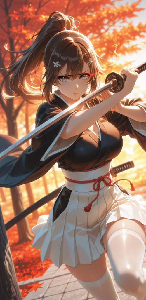 Uma rapariga de anime, com longos cabelos castanhos presos num rabo de cavalo e uma... Samsung Galaxy J4 Core