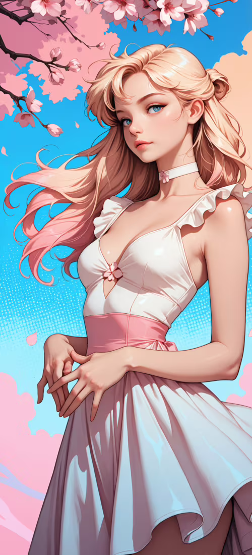 Uma jovem com longos cabelos loiros e rosa e olhos azuis, vestindo um vestido azul-claro...
