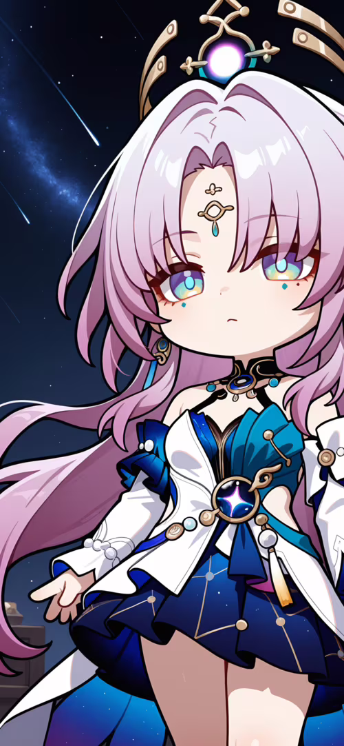 Um desenho fofo no estilo chibi de Fu Xuan, de Honkai: Star Rail. Ela tem longos... Oppo Reno 10x Zoom