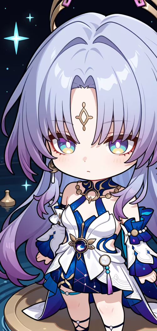 Um desenho fofo no estilo chibi de Fu Xuan, de Honkai: Star Rail. Ela tem longos... Motorola G7 Power