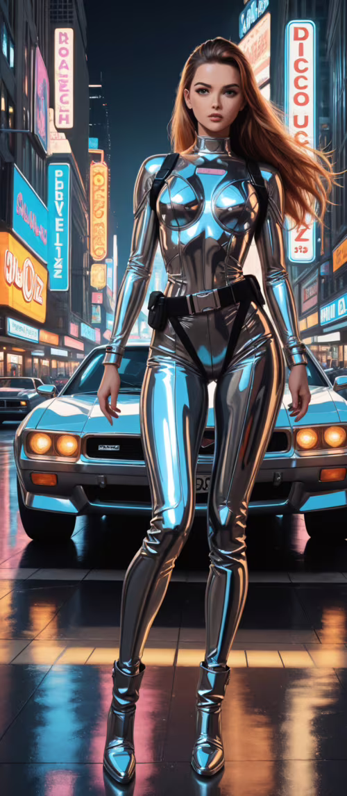 Ilustração completa de uma mulher vestida com um fato de combate futurista preto... Redmi 10C