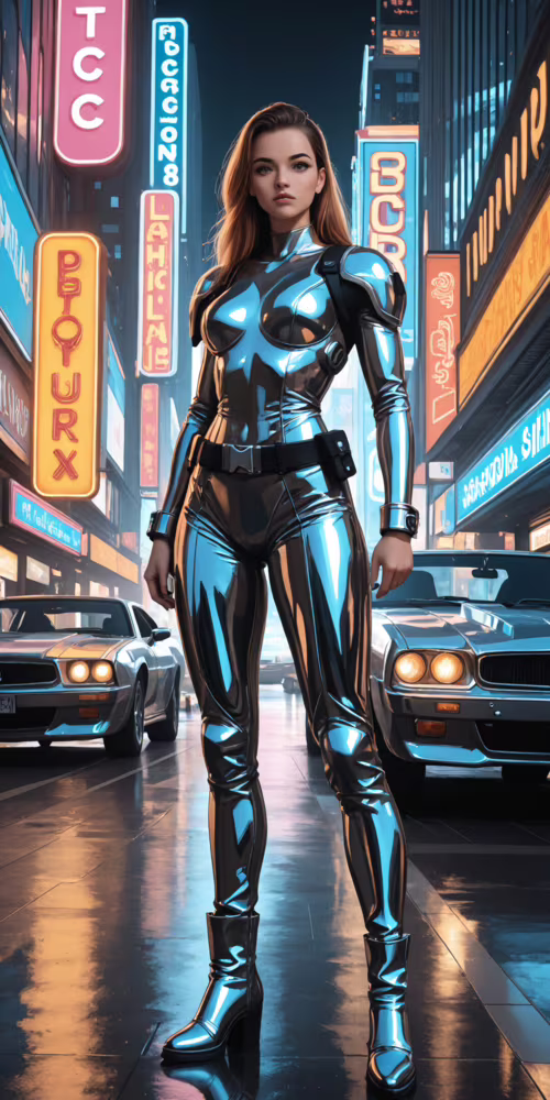 Ilustração completa de uma mulher vestida com um fato de combate futurista preto... Alcatel 1C 2019