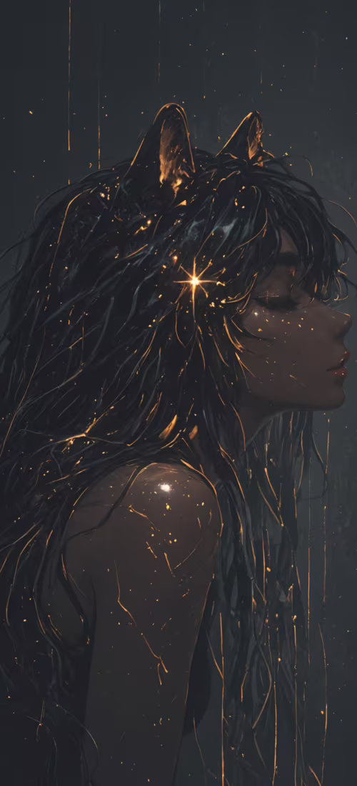 Uma pintura digital que retrata uma jovem serena, com longos cabelos pretos e orelhas...