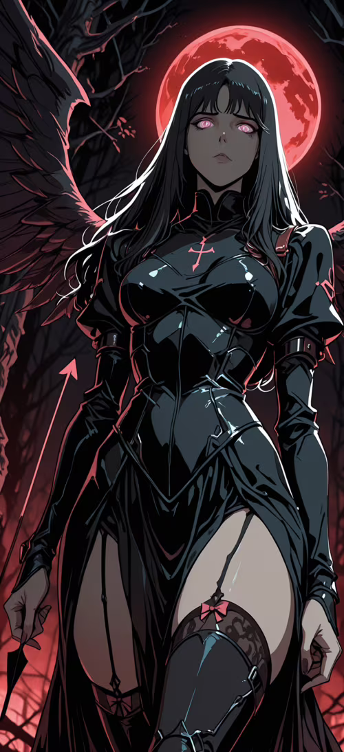 Uma ilustração em estilo anime de uma mulher com longos cabelos pretos, olhos roxos... Honor Magic6 Pro