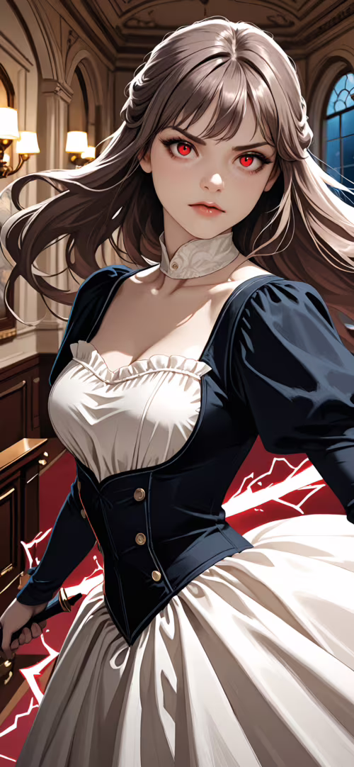 Uma mulher com um visual de anime, com longos cabelos castanhos e olhos vermelhos...