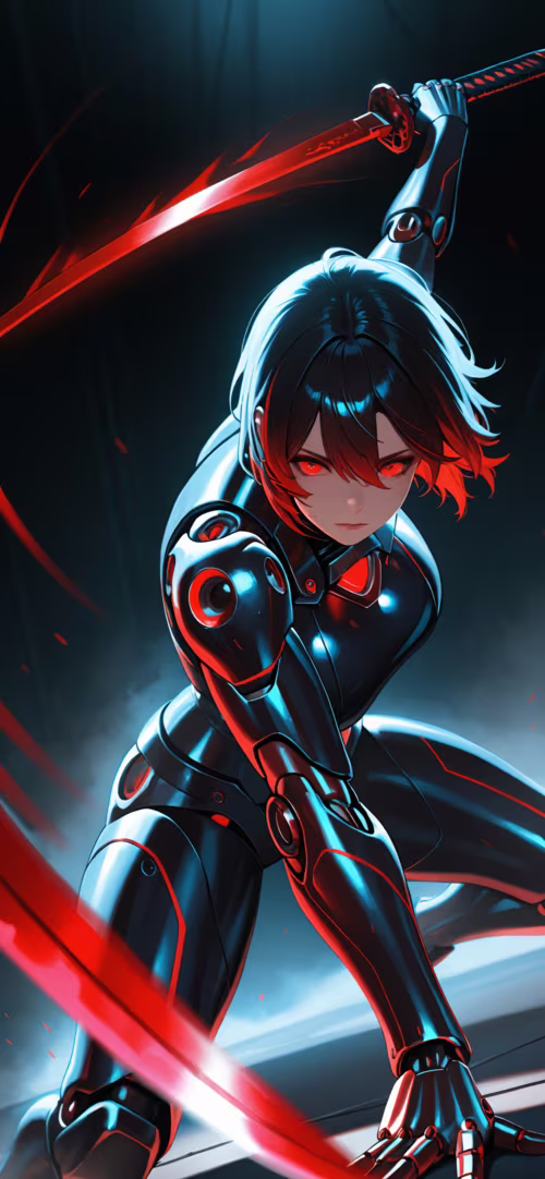 Uma ciborgue feminina com estilo de anime, vestida com uma armadura futurista escura,... Huawei Nova 8 Pro