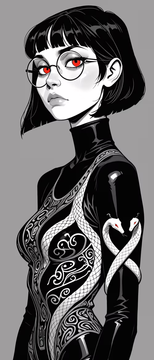 Um retrato artístico de uma mulher com um corte de cabelo curto e preto, óculos redondos... Sony Xperia 1