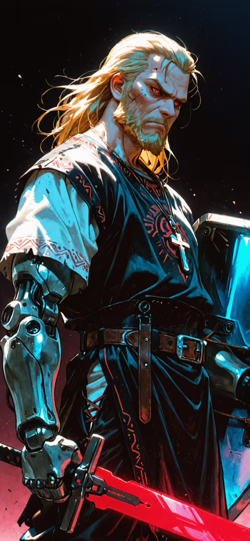 Uma ilustração digital de um guerreiro loiro, com barba e olhos vermelhos brilhantes,... Huawei Nova 8 Pro