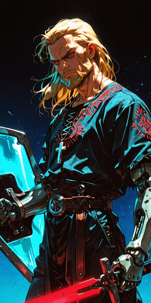 Uma ilustração digital de um guerreiro loiro, com barba e olhos vermelhos brilhantes,... Alcatel 1C 2019