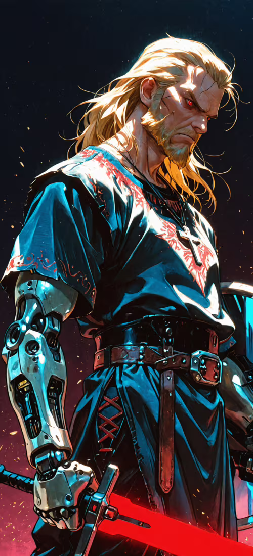 Uma ilustração digital de um guerreiro loiro, com barba e olhos vermelhos brilhantes,... OnePlus 12R