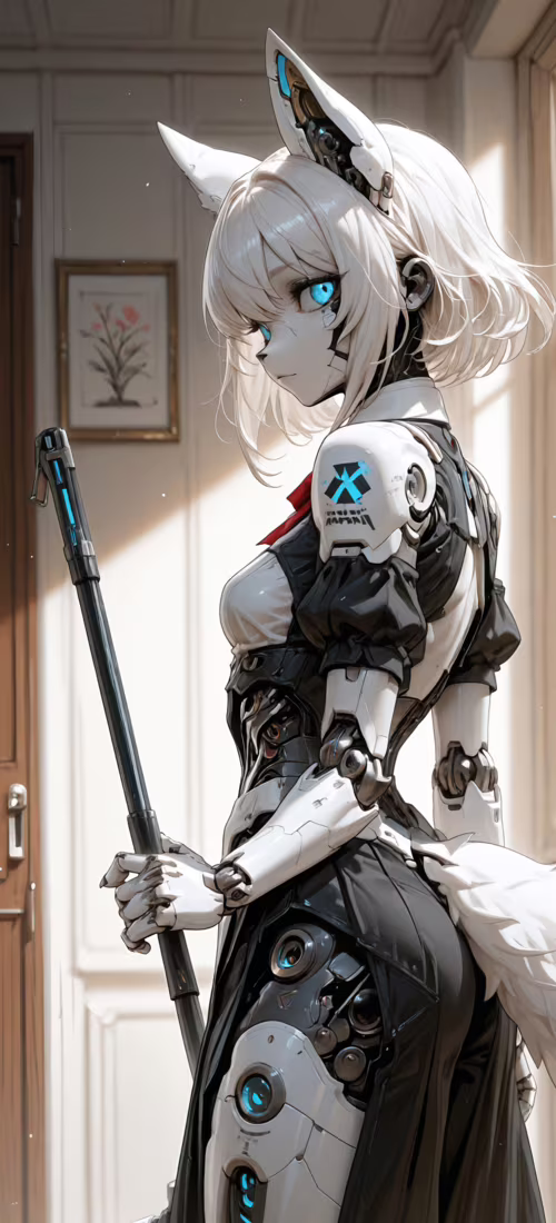 Uma ilustração digital de uma ciborgue feminina, com cabelo branco, olhos azuis brilhantes... Huawei Mate 40