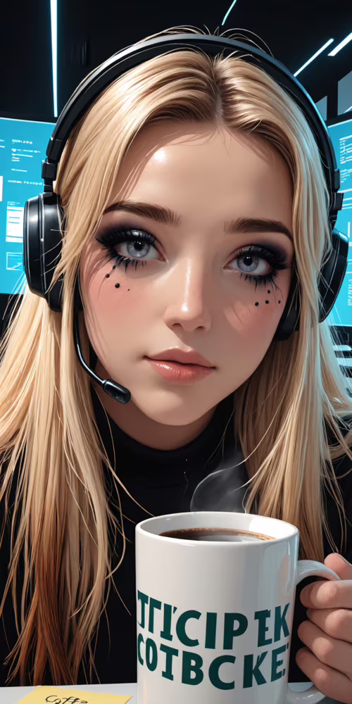 Uma pintura digital de uma jovem loira de olhos azuis, usando um headset luminoso... Alcatel 1C 2019
