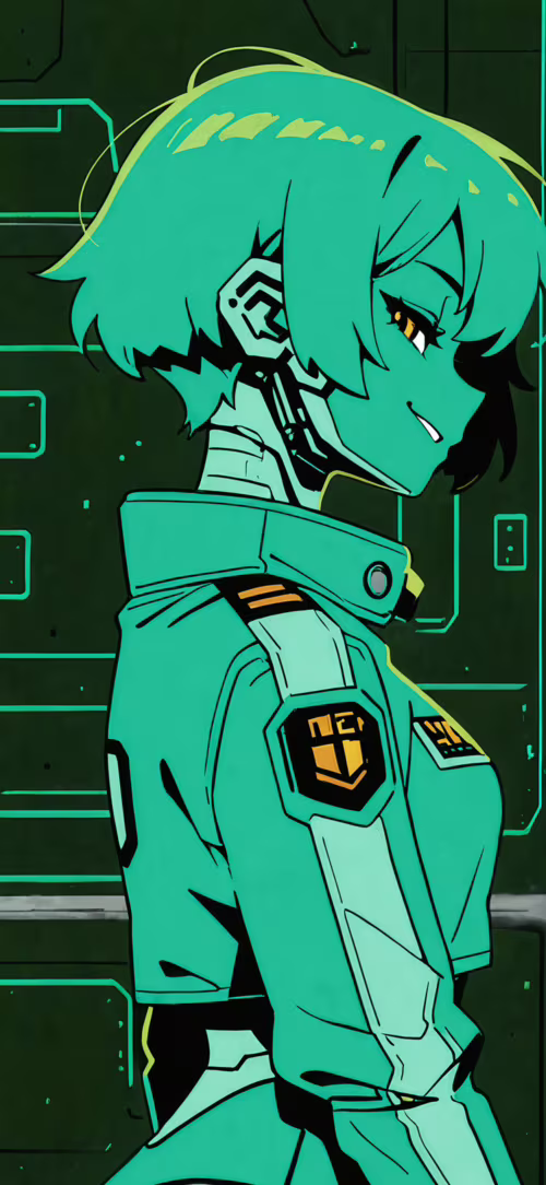 Uma ilustração em estilo anime de uma ciborgue feminina, com cabelo curto e escuro,... Apple iPhone 14 Pro