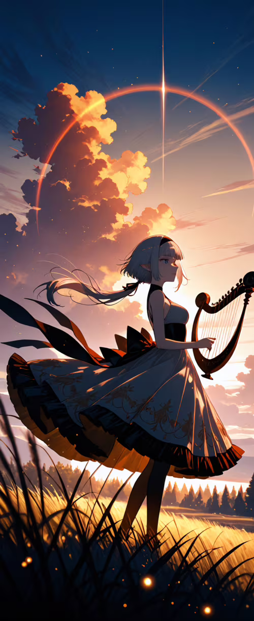 Uma ilustração de corpo inteiro de uma elfa no estilo anime, com cabelos prateados,... Tecno Phantom V Flip2