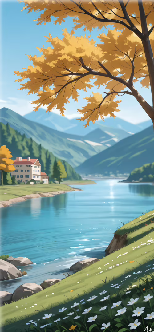 Uma pintura digital em estilo anime que retrata uma paisagem serena. Uma árvore grande,...