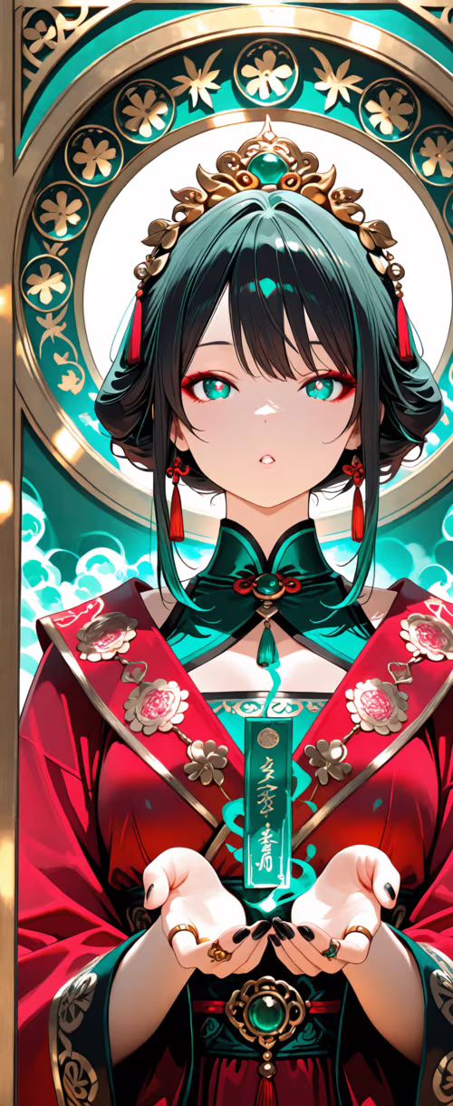 Uma mulher com traços de anime, vestida com um robe tradicional chinês vermelho e... Samsung Galaxy Z Flip