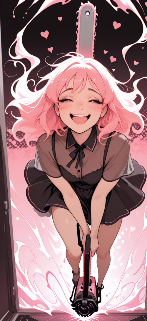 Uma rapariga de anime, com cabelo cor-de-rosa e vestida de empregada, ri de forma... Motorola G7 Power