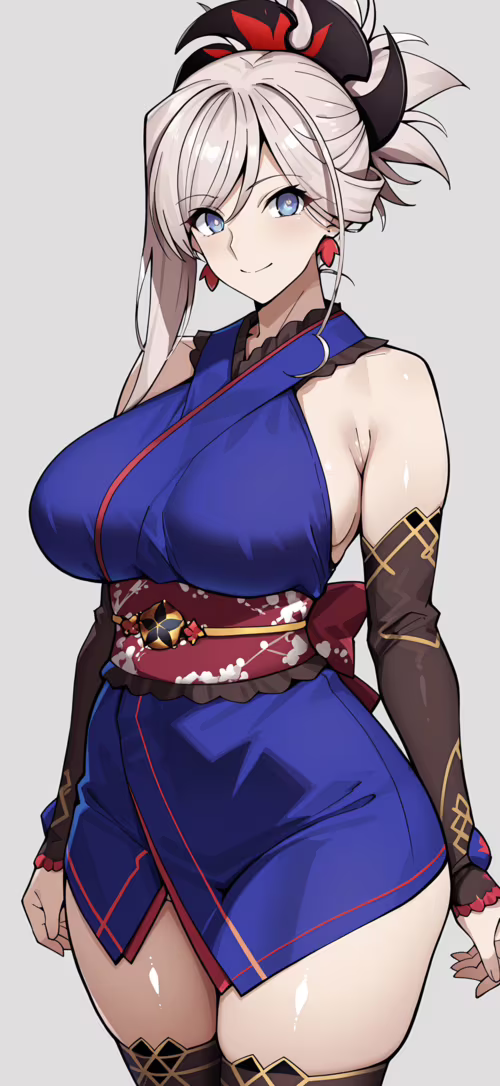 Uma ilustração no estilo anime de Miyamoto Musashi, de Fate/Grand Order, sorrindo... Huawei Nova 9 Pro