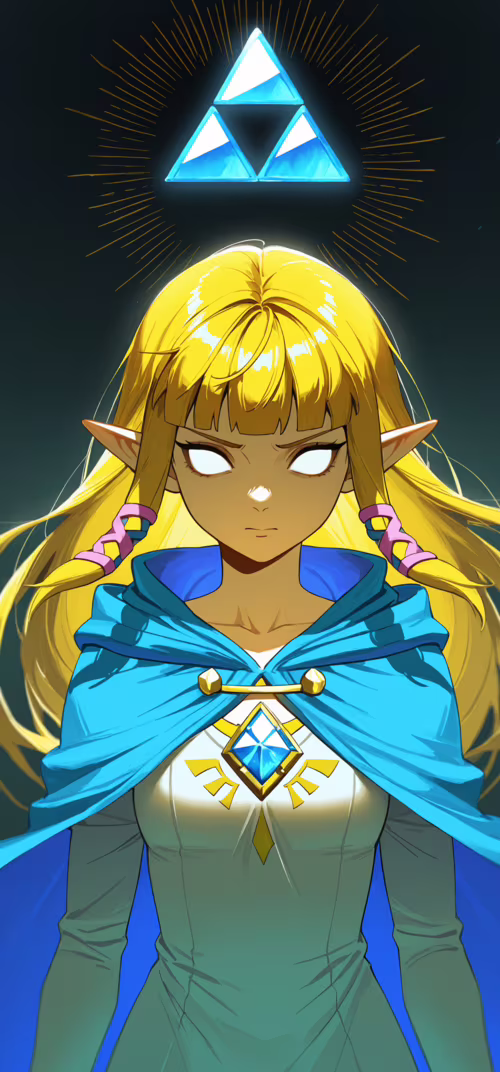 Uma ilustração no estilo anime da Princesa Zelda, com olhos azuis brilhantes, vestindo... Vivo Y91C