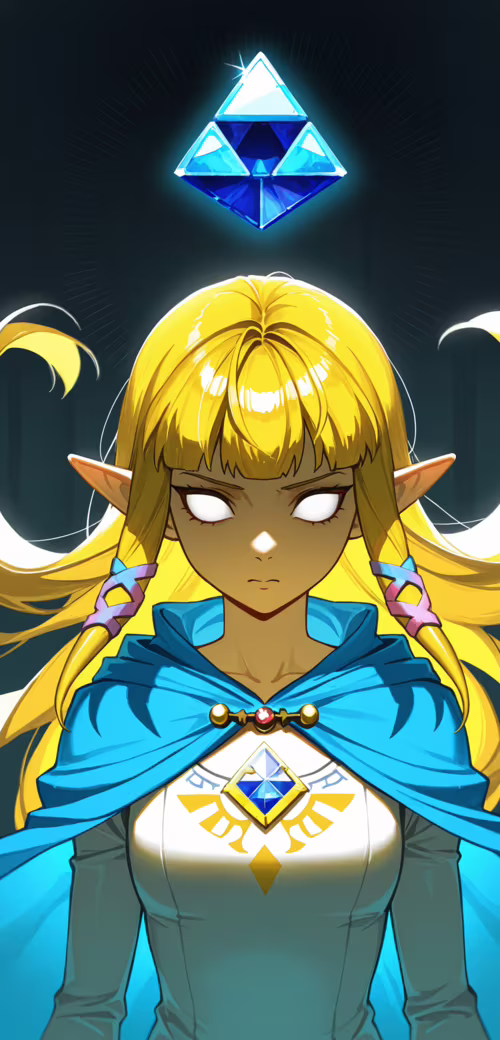 Uma ilustração no estilo anime da Princesa Zelda, com olhos azuis brilhantes, vestindo... Nokia 8 dot 1
