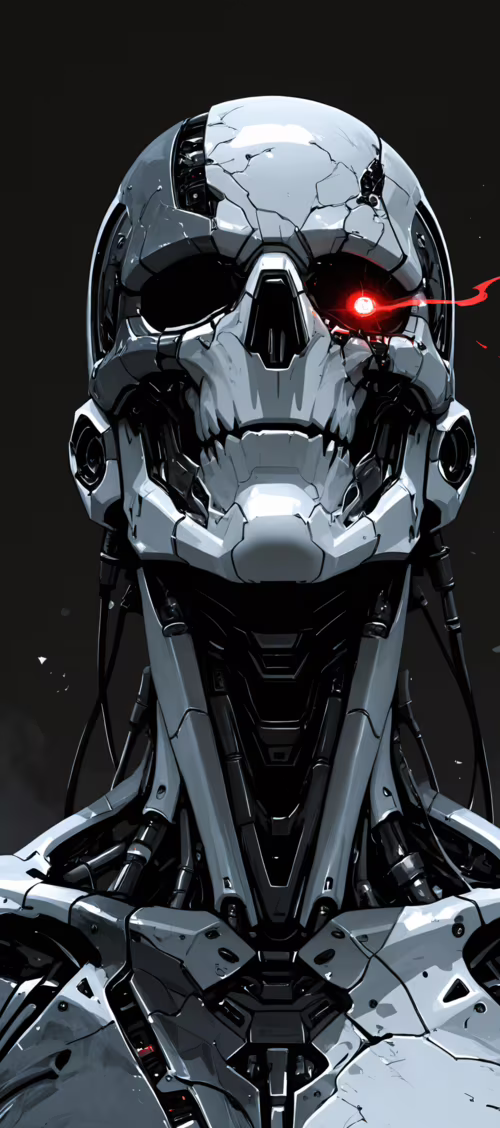 Retrato de frente de um esqueleto robótico branco, com olhos vermelhos brilhantes... Infinix Zero 40 5G