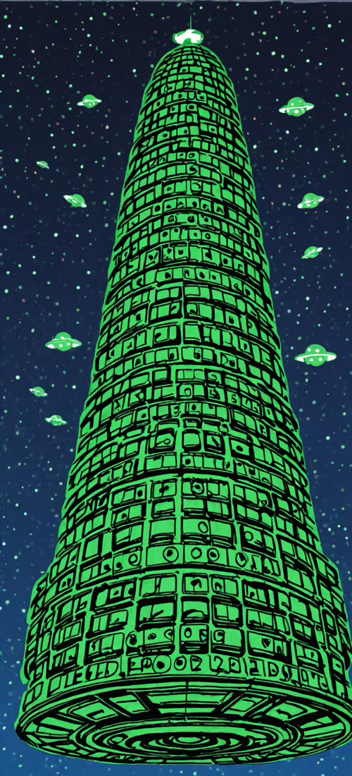 Um grande disco voador verde, com luzes amarelas brilhantes e uma antena, sobreposto... Huawei Nova 8i