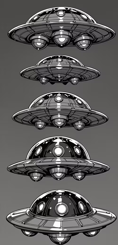 Um grande disco voador verde, com luzes amarelas brilhantes e uma antena, sobreposto... Alcatel 1C 2019