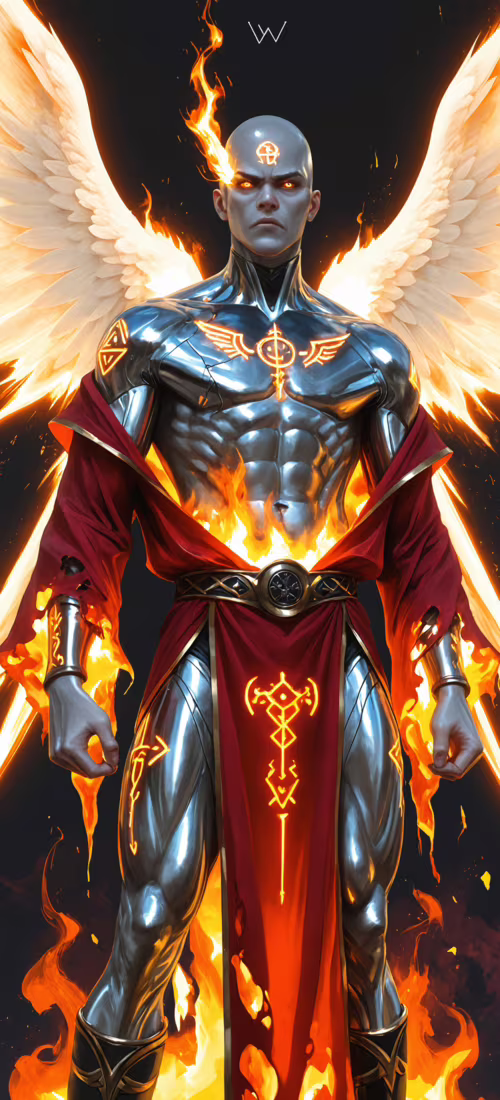 Uma pintura digital que retrata um anjo poderoso, calvo, de pele prateada e corpo...