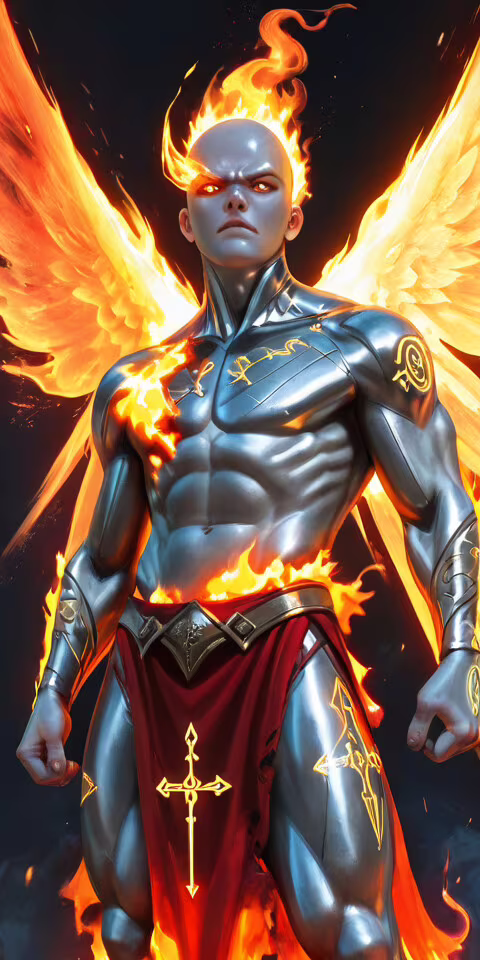 Uma pintura digital que retrata um anjo poderoso, calvo, de pele prateada e corpo... Alcatel 1 2021