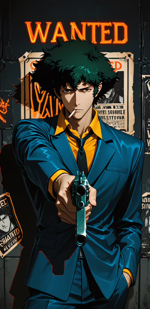 Ilustração em estilo anime de Spike Spiegel, de Cowboy Bebop, apontando uma pistola...