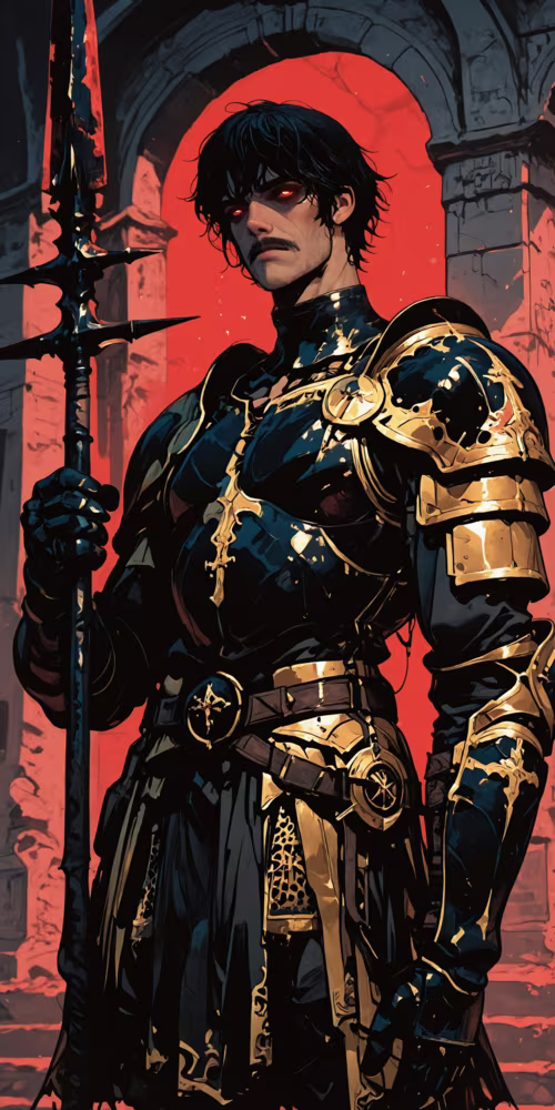 Um guerreiro musculoso, de cabelos escuros, com bigode e olhos vermelhos brilhantes,... Alcatel 1C 2019