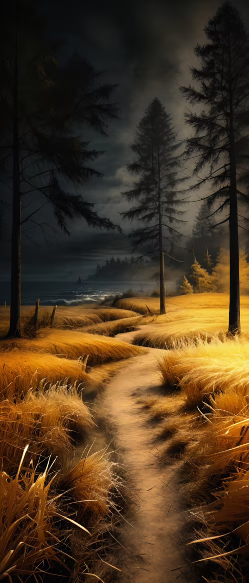 Uma imagem que evoca uma pintura, mostrando um caminho de terra serpenteando por... Sony Xperia 1