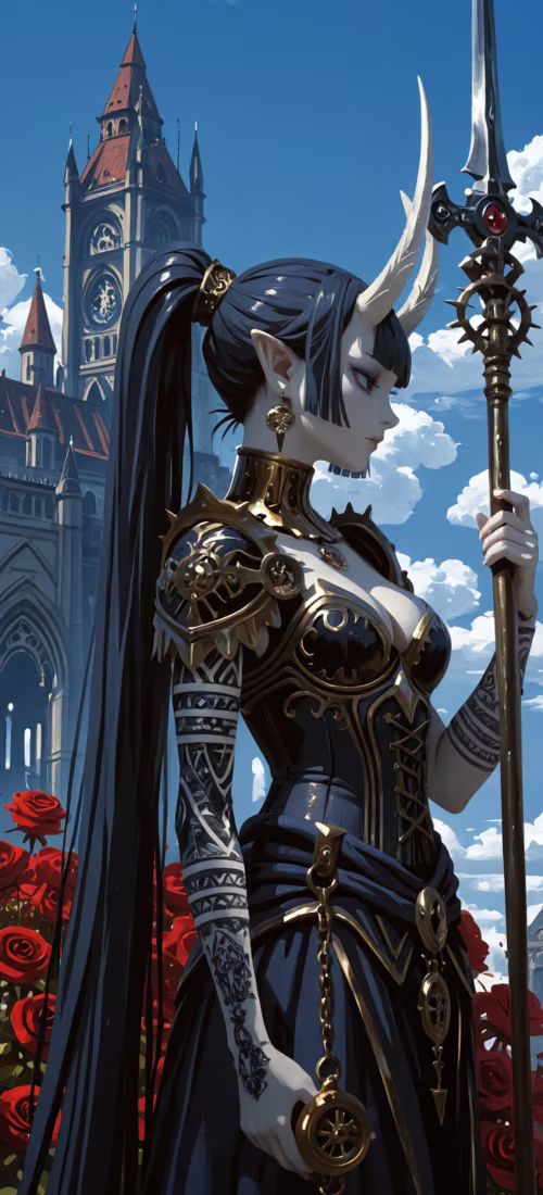 Uma ilustração de uma mulher com chifres brancos e orelhas de elfo, vestindo uma...