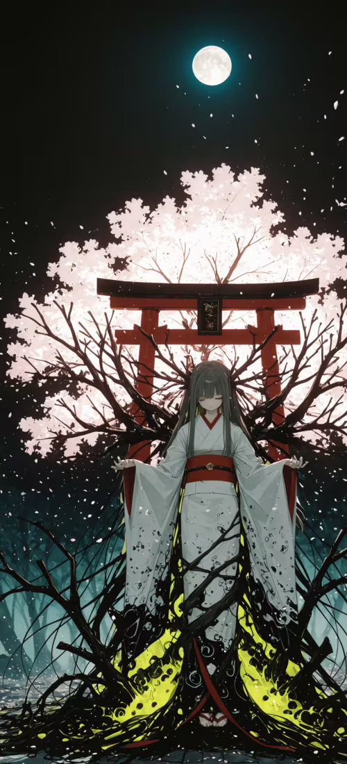 Uma ilustração em estilo anime de uma jovem com cabelos escuros, vestida com um quimono... Huawei Mate 40